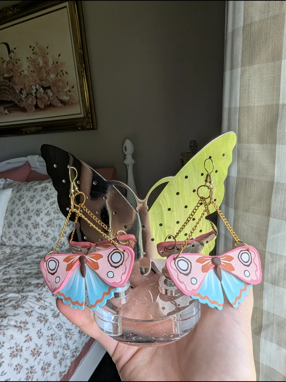 Pink & Blue Butterfly Drop Clay Earrings